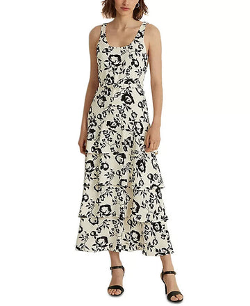 Lauren Ralph Lauren Floral Belted Crepe Dress Cream Black Size 14 MSRP $245