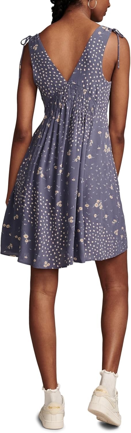 Lucky Brand Women's Printed Smocked V-Neck Sleeveless Dress Blue Size L MSRP $99
