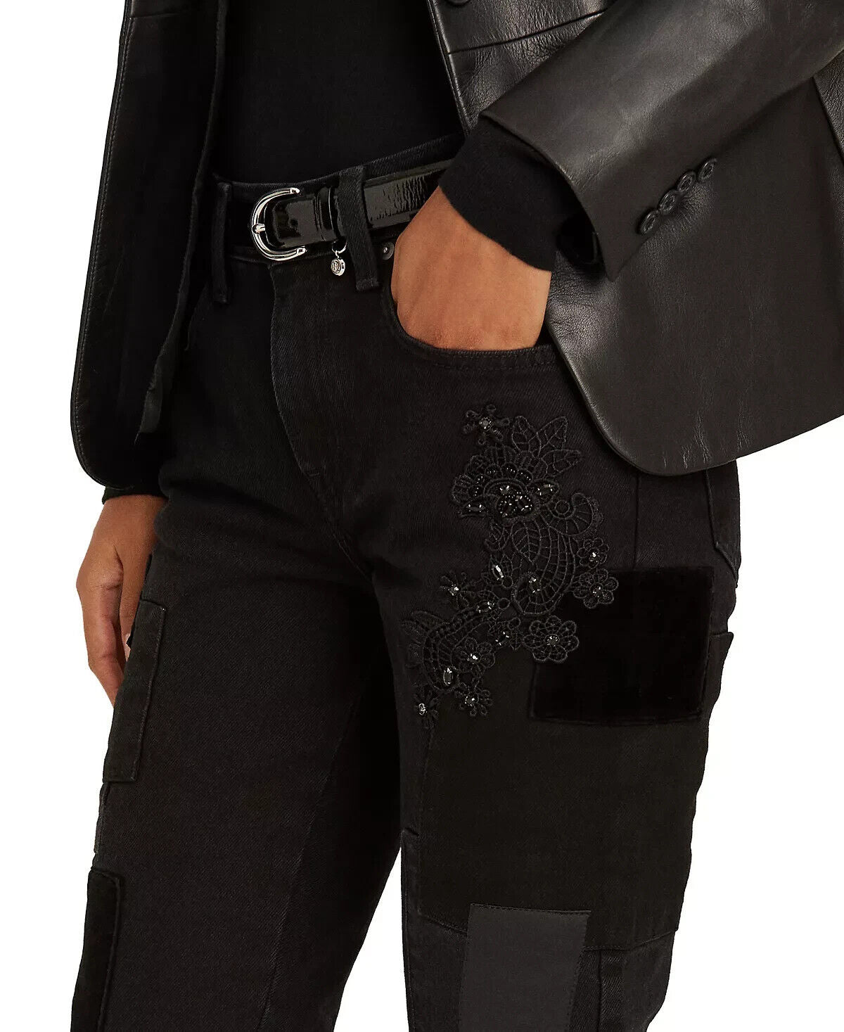 Ralph Lauren Women Patchwork Relaxed Tapered Jeans Wash Black Size 10 MSRP $175