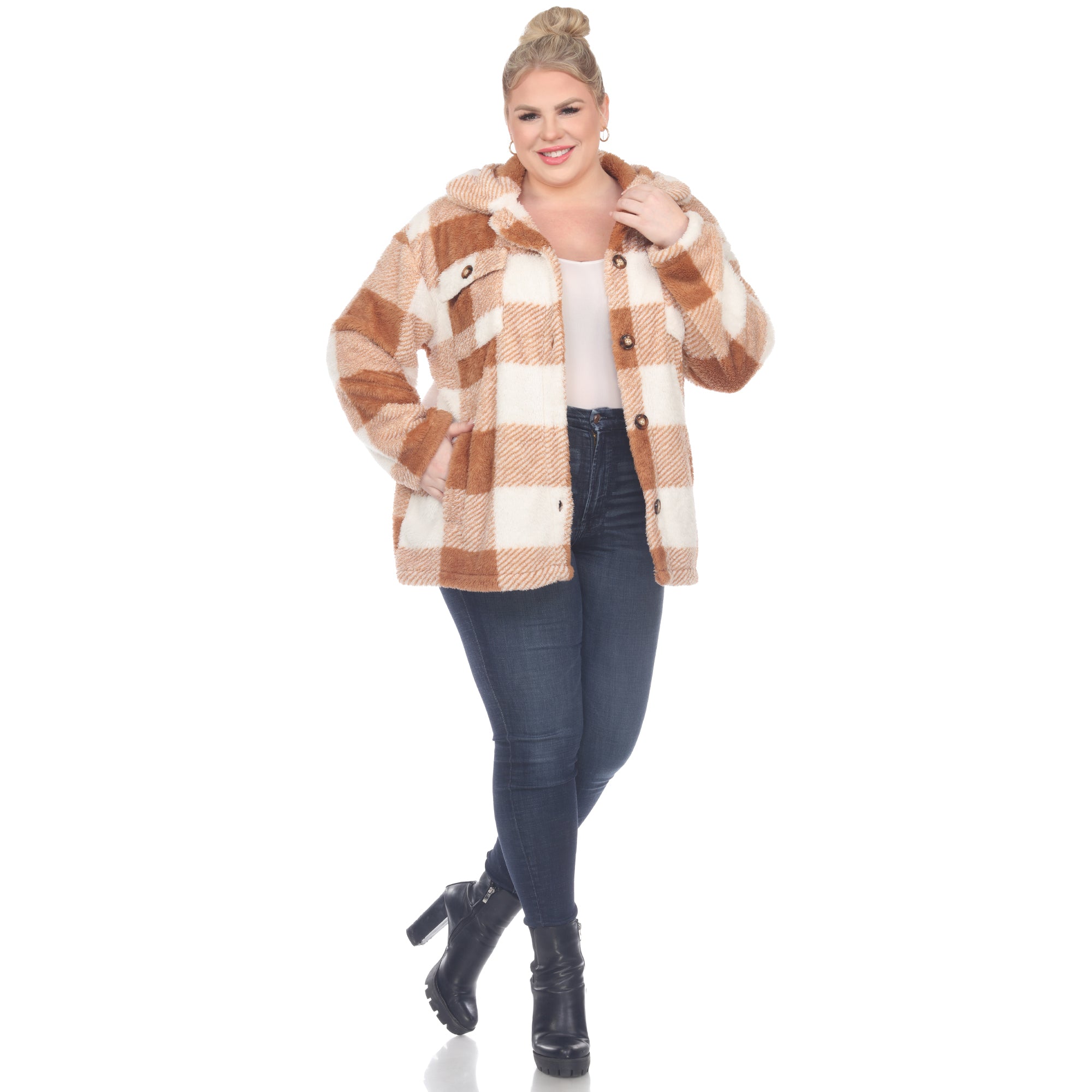 White Mark Women's Plaid Sherpa Shacket Jacket Size 2X
