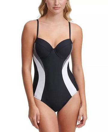 DKNY BLACK Colorblocked Tummy-Control Underwire One-Piece Swimsuit, US Size 4