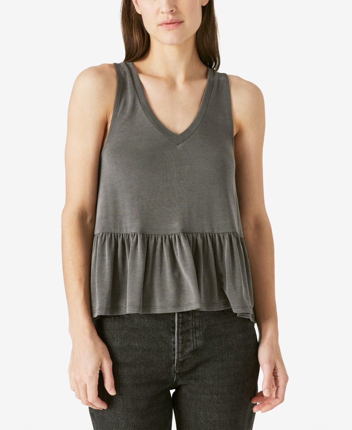 Lucky Brand Women's Tiered V-Neck Tank in Asphalt GRAY Size L MSRP $50