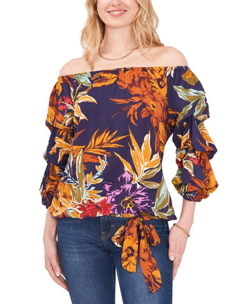 Vince Camuto Off-The-Shoulder Bubble-Sleeve Challis Blouse Orange Size XXS $69