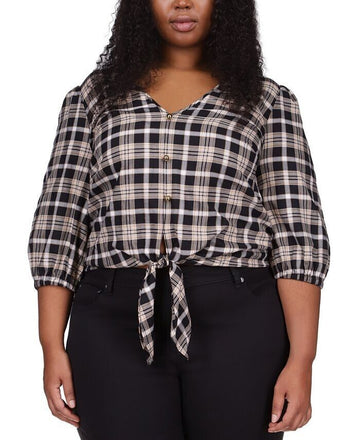 Michael Kors Women's Flannel Tie Front Top Black Plus Size 2X MSRP $98