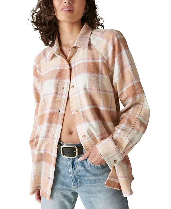 Lucky Brand Womens Cotton Oversized Distressed Plaid Shirt Brown Size S MSRP $90