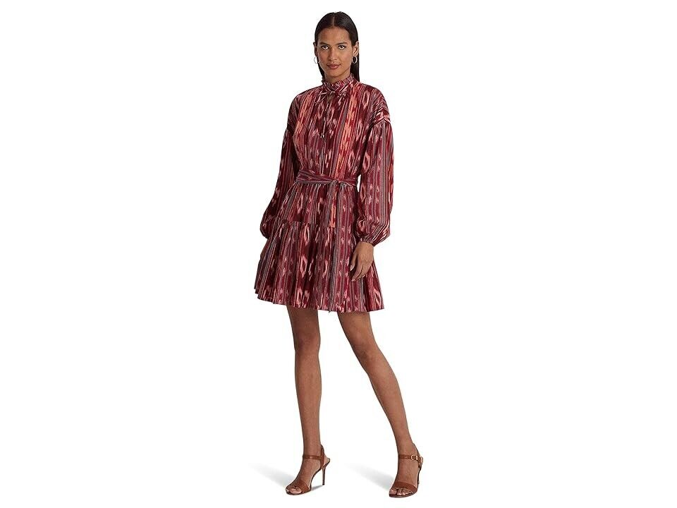 LAUREN Ralph Lauren Geo-Stripe Belted Cotton Voile Dress Red Pink Size 6 $195