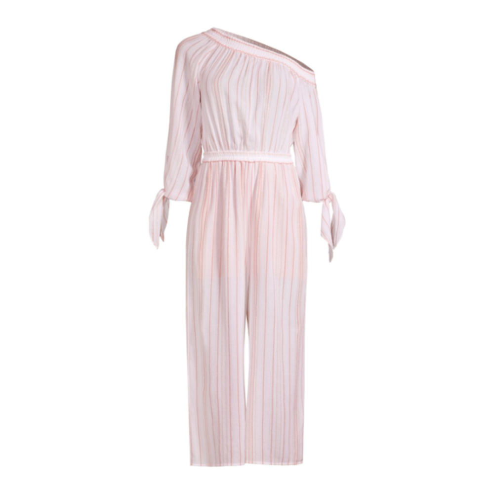 Michael Kors Women's Pink Metallic Striped One Shoulder Jumpsuit, Size L