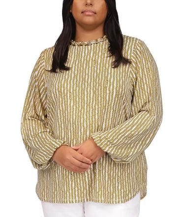 Michael Kors Plus Size 2X chain-Neck Long-Sleeve Top Yellow Buttercup MSRP $130