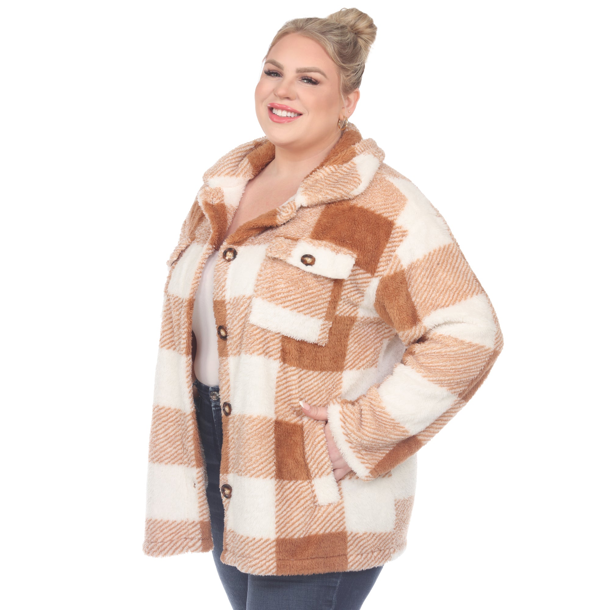 White Mark Women's Plaid Sherpa Shacket Jacket Size 2X