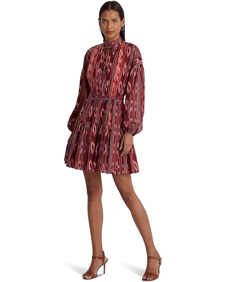 LAUREN Ralph Lauren Geo-Stripe Belted Cotton Voile Dress Red Pink Size 6 $195