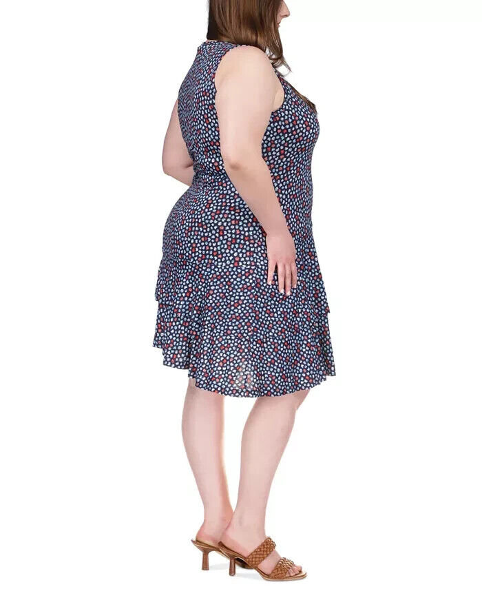 MICHAEL KORS Printed Flounce Dress Blue Plus Size 2X MSRP $110