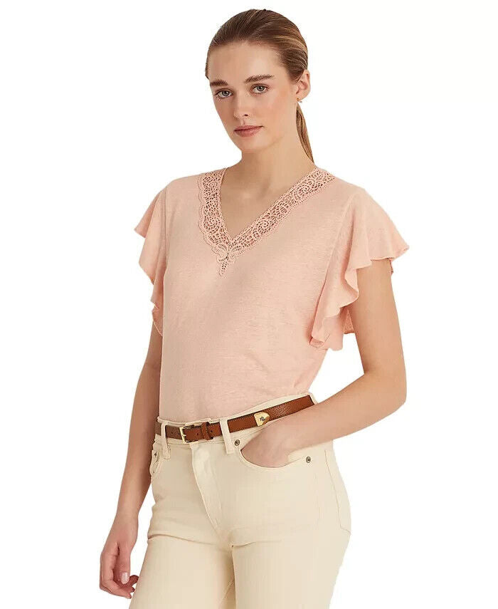 Lauren Ralph Lauren Linen-Blend Jersey Flutter-Sle Pale Pink Size PS MSRP $90