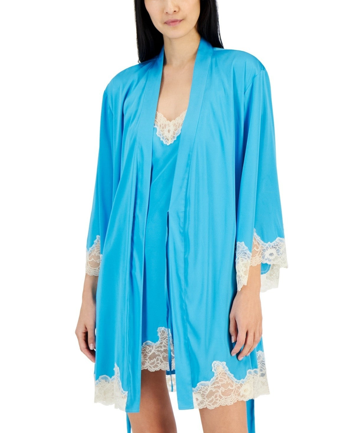 I.N.C. Women's Lace-Trim Stretch Satin Robe Blue Size M MSRP $55