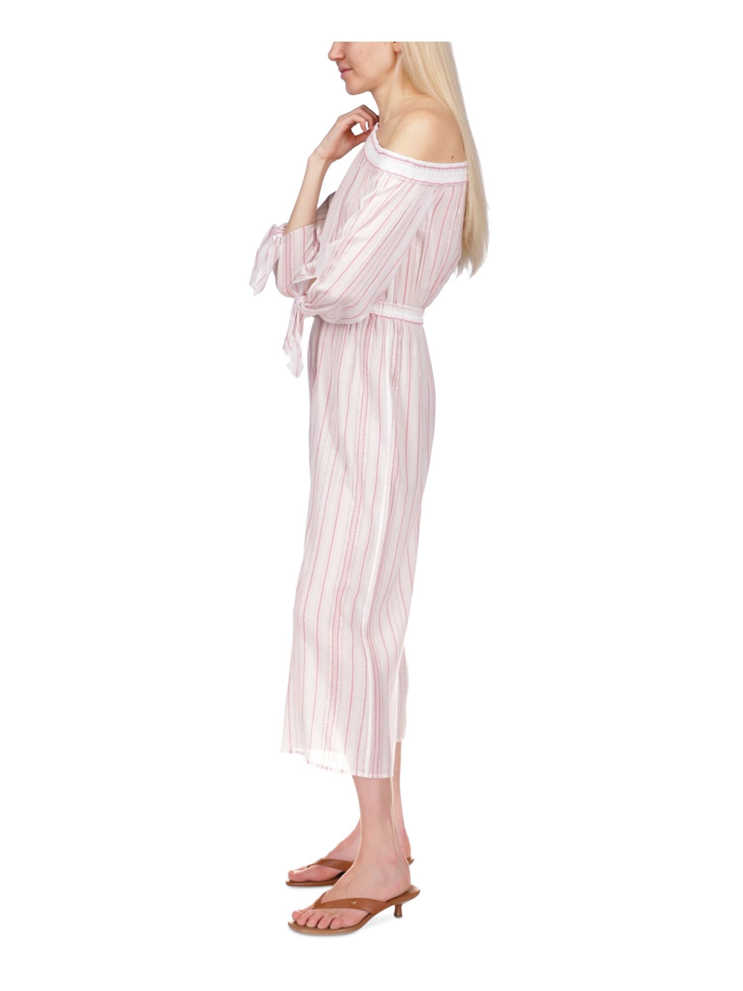 MICHAEL MICHAEL KORS Womens White Striped High Waist Jumpsuit Size S Pink