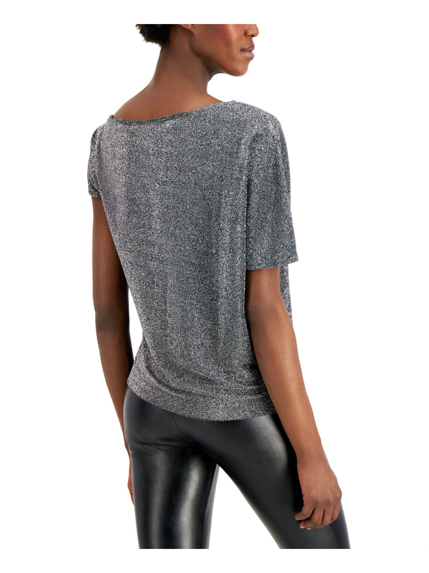 ALFANI Womens Silver Glitter Metallic Accents Short Sleeve Boat Neck Top Size XL