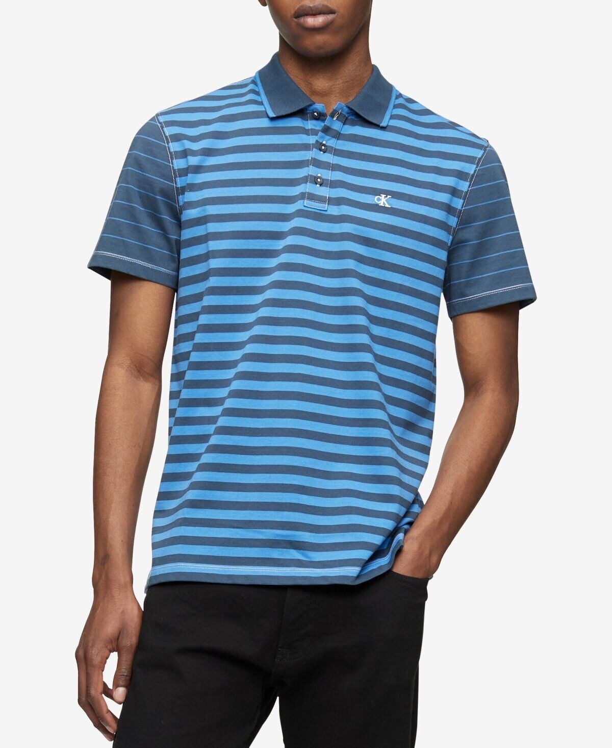 CALVIN KLEIN Men's Striped Monogram Polo Shirt Blue Size XS MSRP $70
