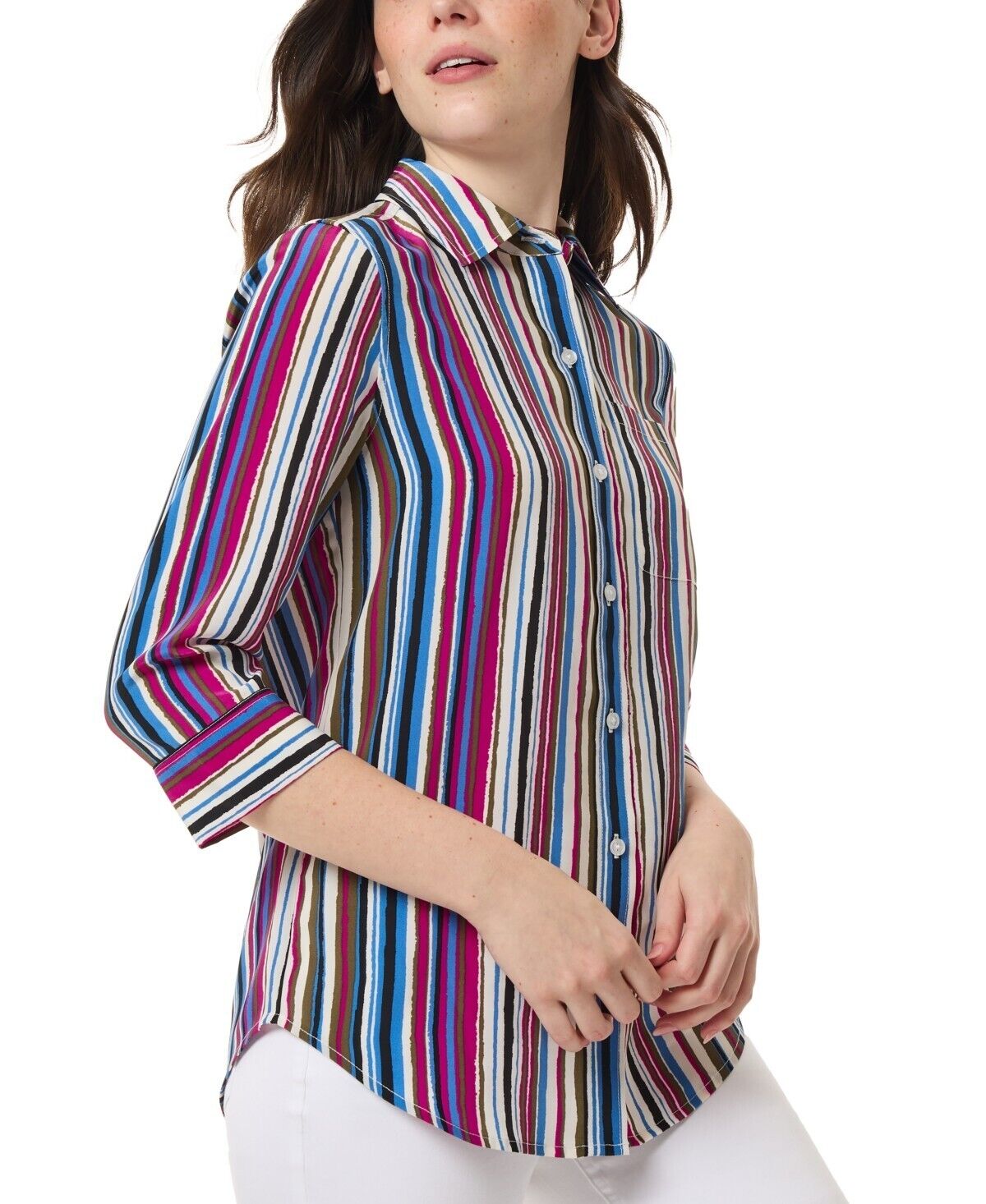 Jones New York Petite Striped 3/4-Sleeve Shirt BLUE GREEN Size PL MSRP $80
