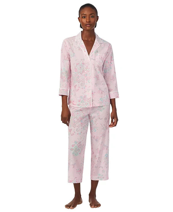 Lauren Ralph Lauren 2-Pc Notched-Collar Pajamas Set Pink SZ Petite M SALE MSRP $72