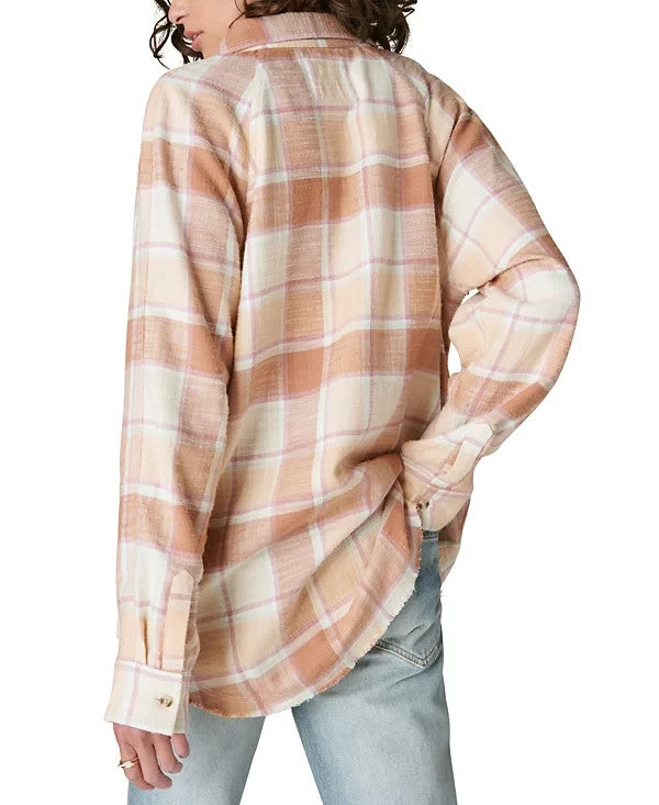 Lucky Brand Womens Cotton Oversized Distressed Plaid Shirt Brown Size S MSRP $90