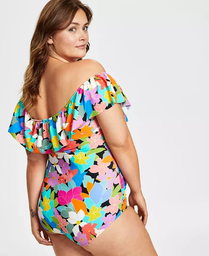 Swim Solutions Tummy Control Ruffled Swimsuit Pink Plus Size 20W MSRP $122