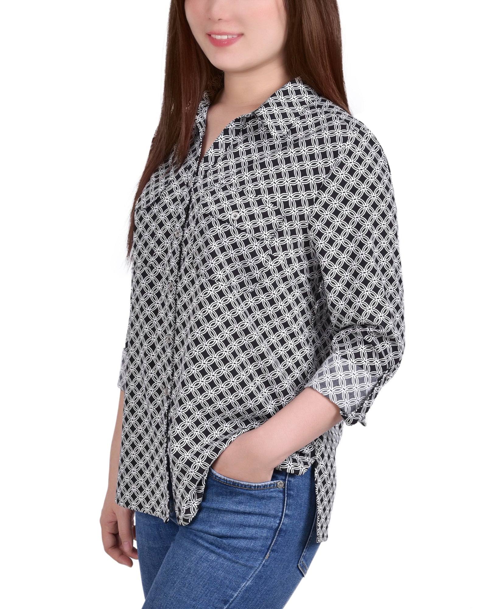 NY Collection 3/4 Sleeve Roll Tab Notch Collar Blouse Size PL Black White Petite