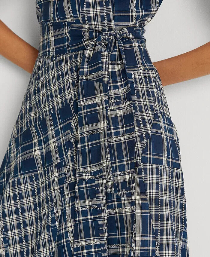LAUREN RALPH LAUREN Patchwork Cotton Sleeveless Dress Blue Size 14 MSRP $265