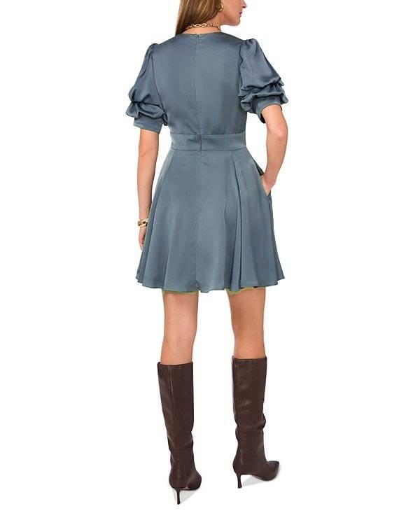 1.STATE Women's Tiered Bubble-Sleeve V-Neck Mini Dress Blue Size M