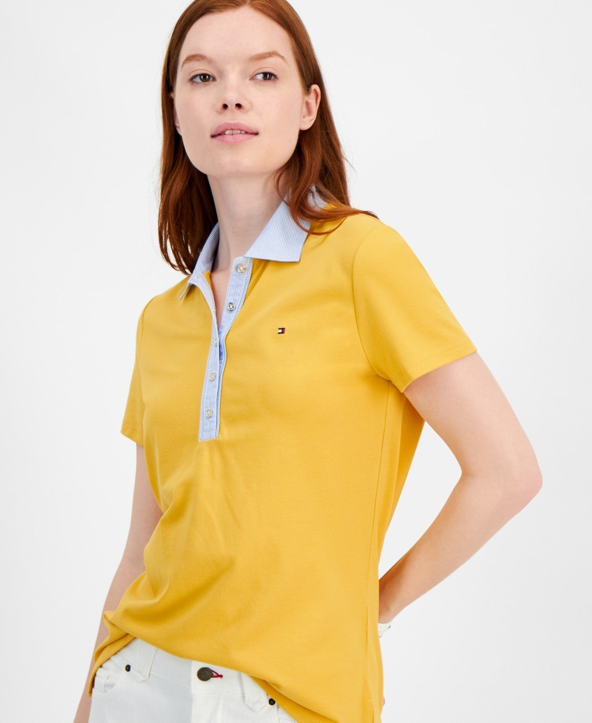 Tommy Hilfiger Striped-Collar Polo Shirt TOP Size XS Yellow $59.50