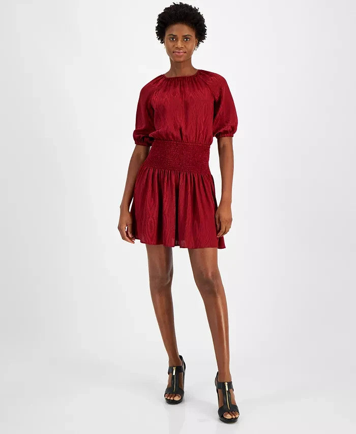 Michael Kors Women's Satin Smocked Mini Dress Dark Brandy Red Size XS SALE $165