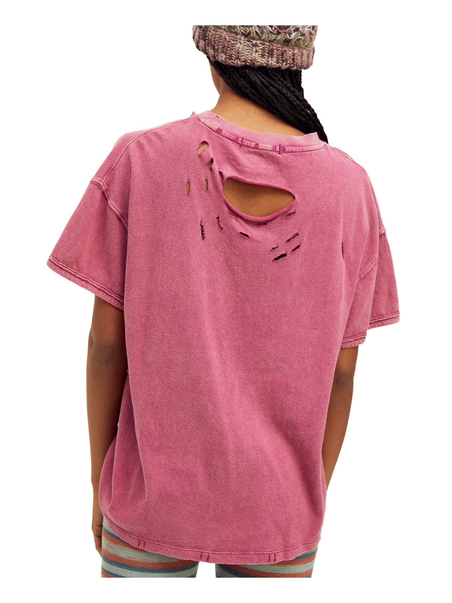 FREE PEOPLE Womens Pink Distressed Short Sleeve Crew Neck T-Shirt Size S