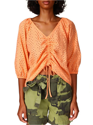 Sanctuary Womens Eyelet Ruched Blouse Orange Size L