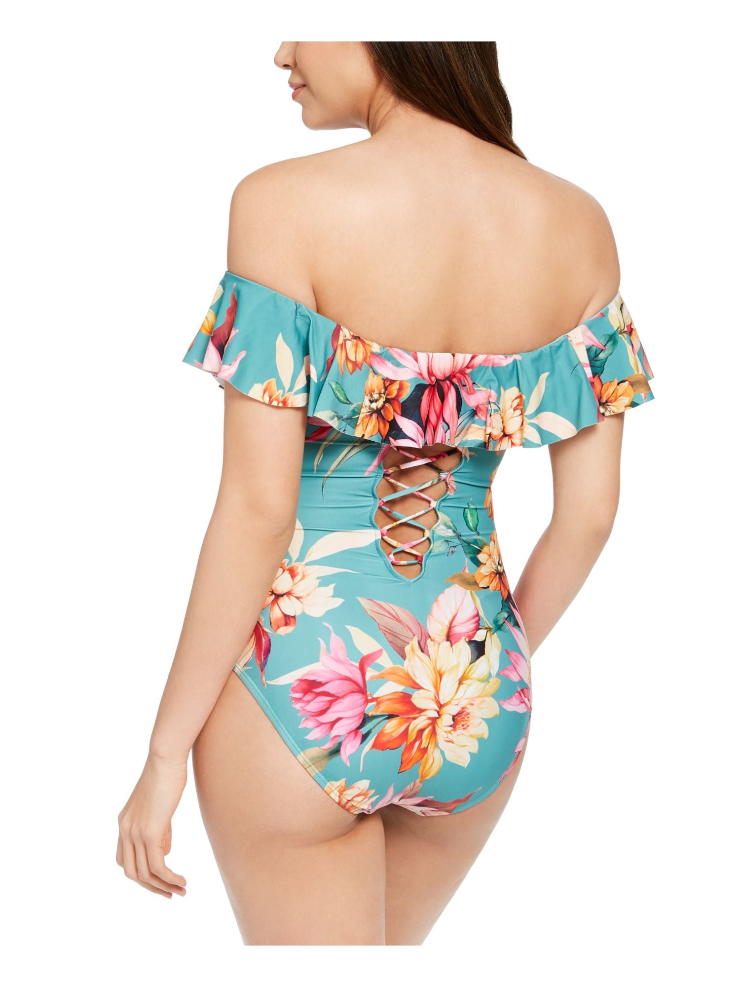 LA BLANCA Women's Green Floral Shirred Moderate Ruffled One Piece Swimsuit 14