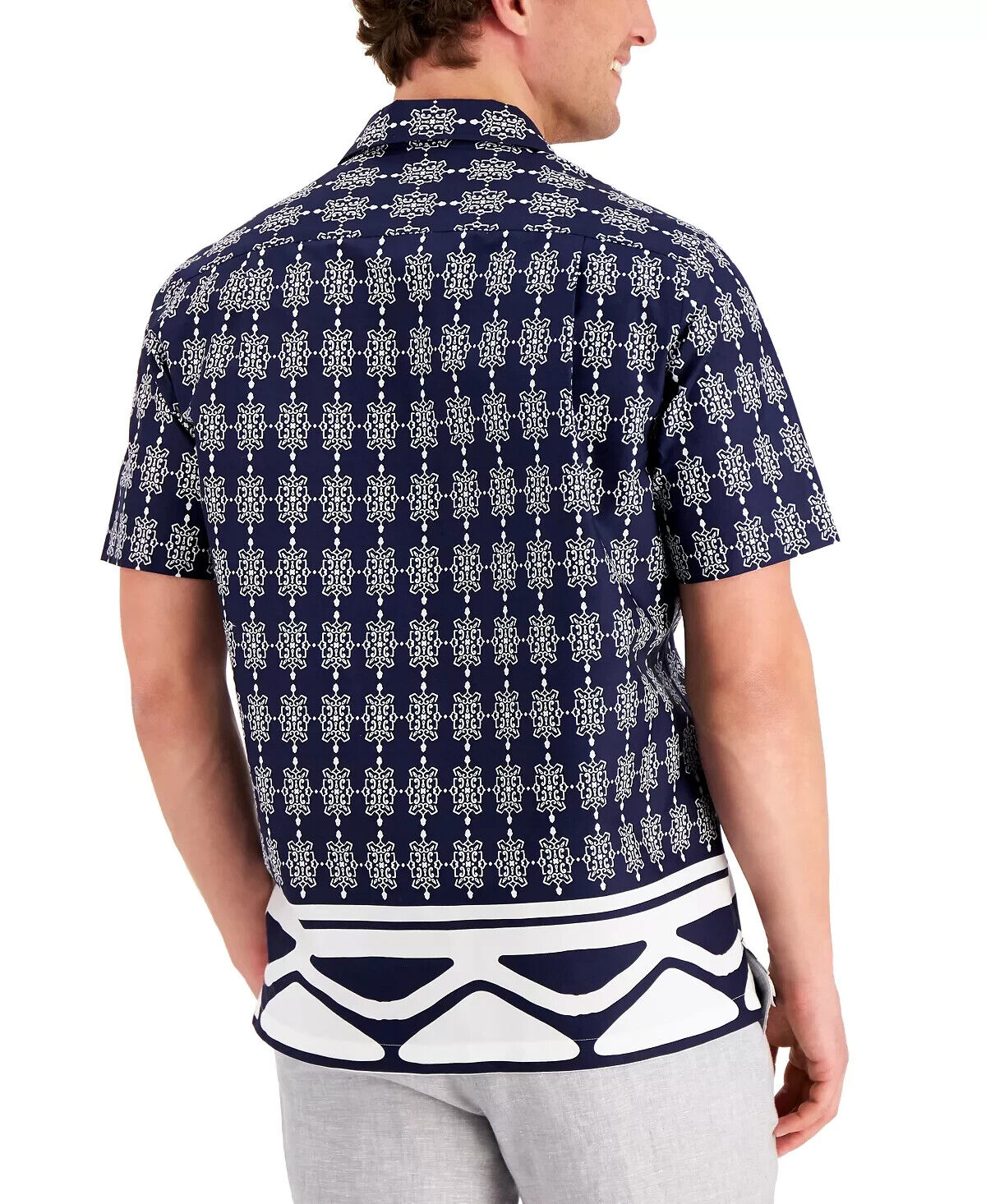 TASSO ELBA Men's Mediana Geometric-Print Cotton Shirt Navy Blue Size XL MSRP $55