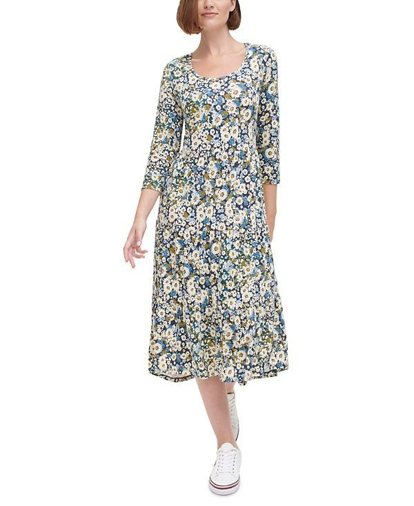 Tommy Hilfiger Floral-Print Tiered A-Line Dress SIZE L $89