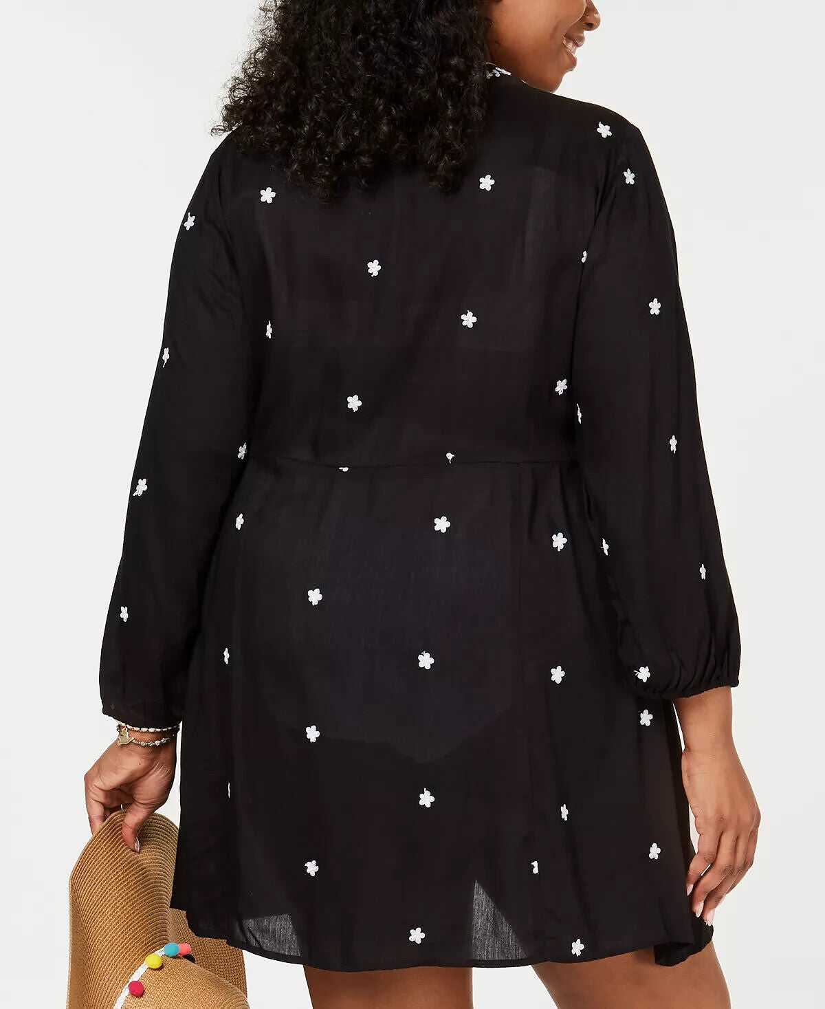 RAVIYA Plus Size Embroidered Long-Sleeve Cover-Up Dress Black 0X