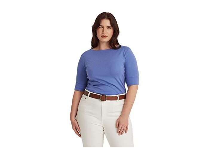 Lauren Ralph Lauren Cotton-Blend Boatneck Top Blue Loch Plus Size 2X MSRP $50