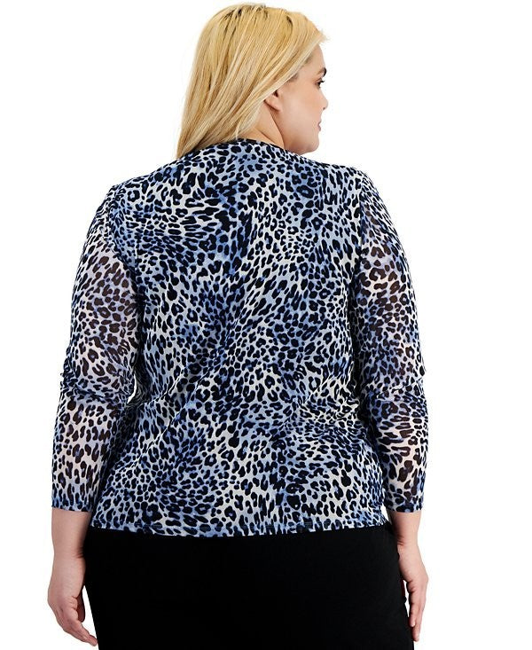 Bar III Plus Size Animal-Print Long-Sleeve Mesh Top Blue Size 1X MSRP $69