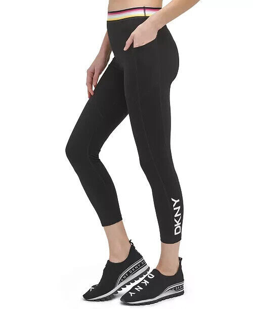 DKNY Sport Women's Multi-Stripe Elastic Leggings Black Size L MSRP $60