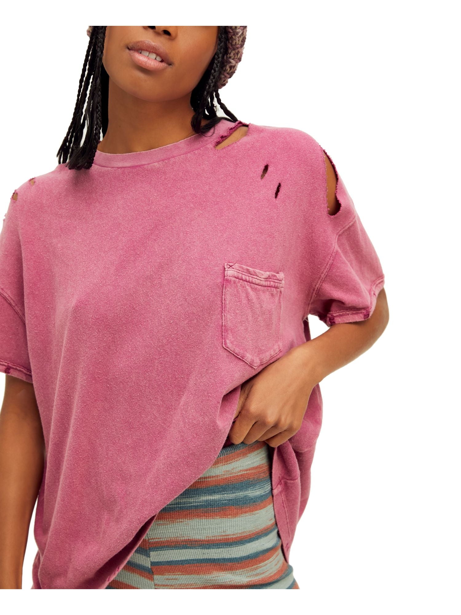 FREE PEOPLE Womens Pink Distressed Short Sleeve Crew Neck T-Shirt Size S