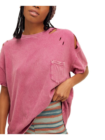 FREE PEOPLE Womens Pink Distressed Short Sleeve Crew Neck T-Shirt Size S