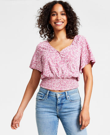 Lucky Brand Women's Printed Floral Surplice Top Pink Size XS MSRP $70