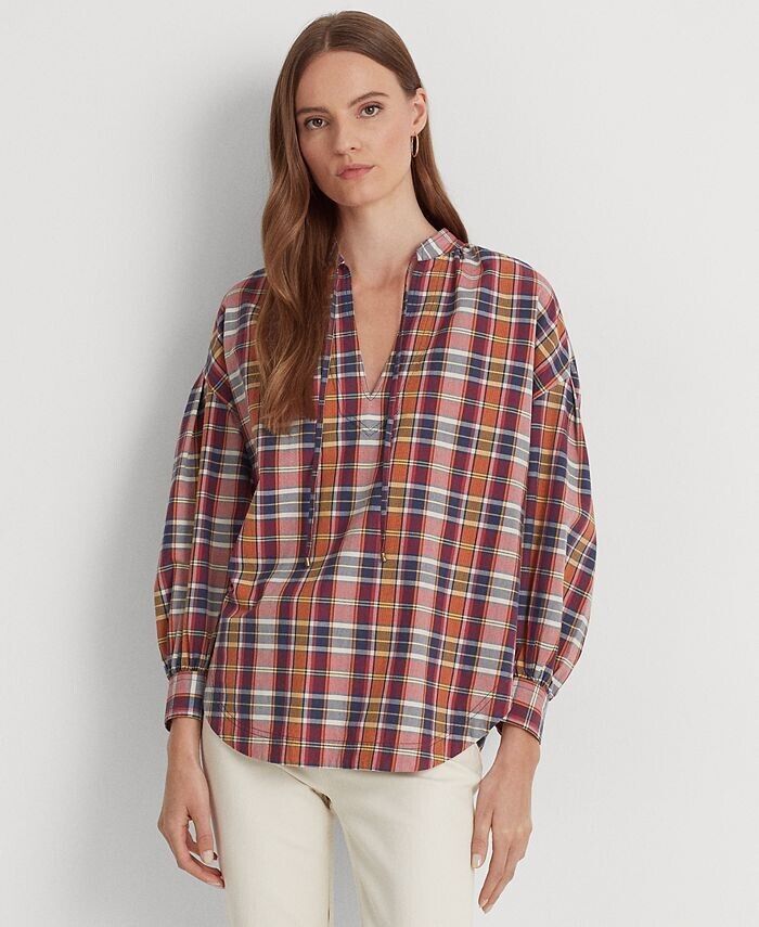 LAUREN RALPH LAUREN Women's Cotton Madras Tie-Neck Blouse Pink Size M MSRP $115