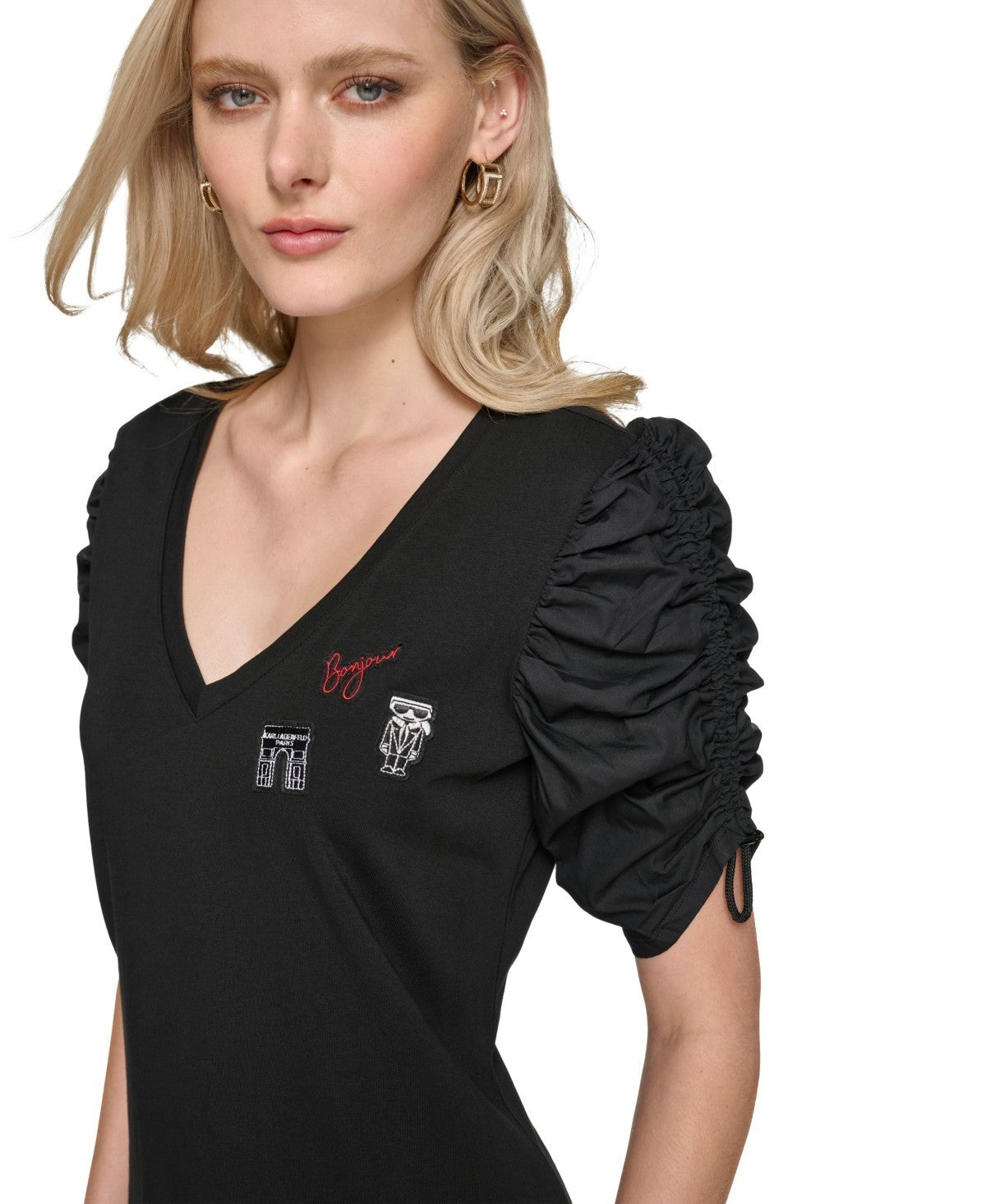 KARL LAGERFELD PARIS BLACK Ruched-Sleeve T-Shirt Dress SIZE XL $99