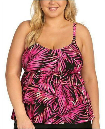 Island Escape BEACH BOUND Trendy Plus Size Tiered Underwire Tankini Top, US 18W