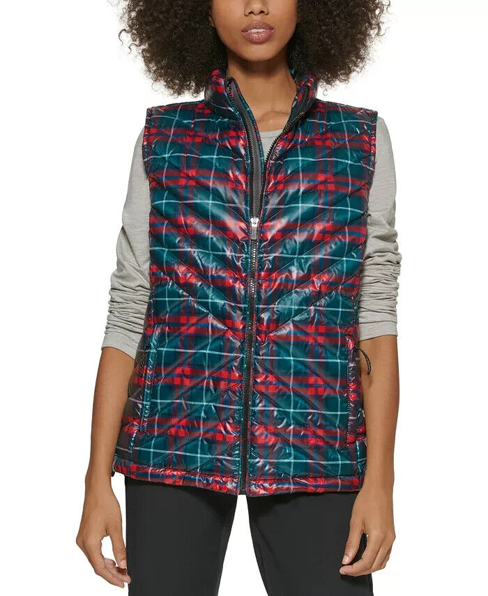 Bass Trooper Plaid Down Fill Packable Insulated Vest Jacket Size S Green Red