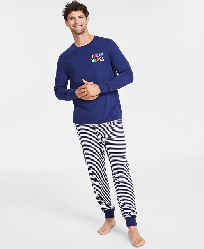 Family Pajamas Mens Mix It Jolly Vibes Striped Pajamas Set, Navy, Size M