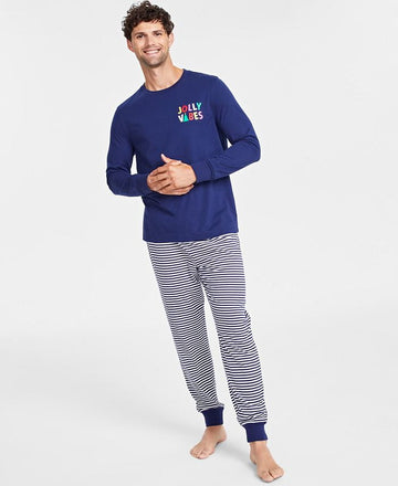 Family Pajamas Mens Mix It Jolly Vibes Striped Pajamas Set, Navy, Size M