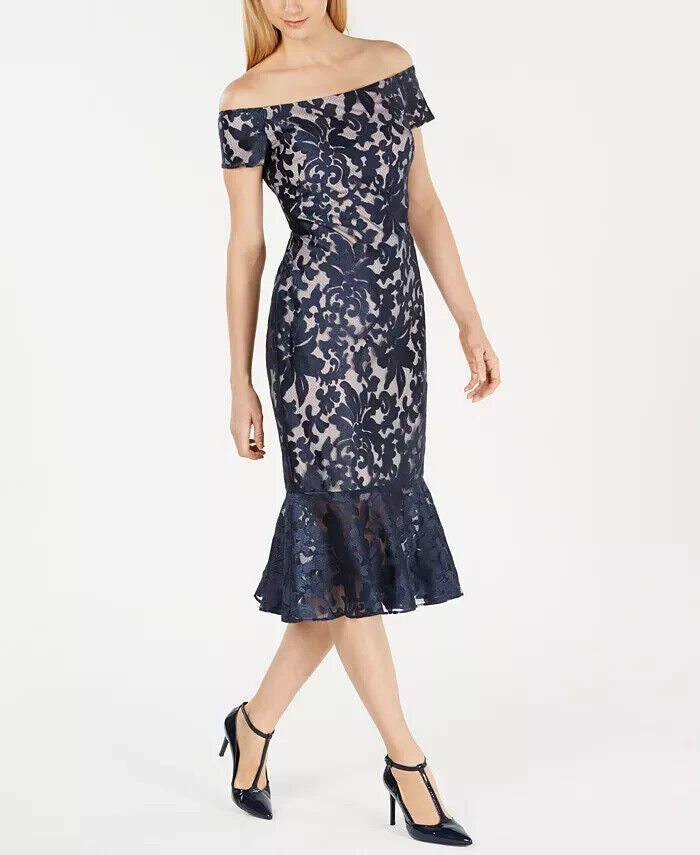 CALVIN KLEIN Off-The-Shoulder Lace Midi Dress Blue Size 10