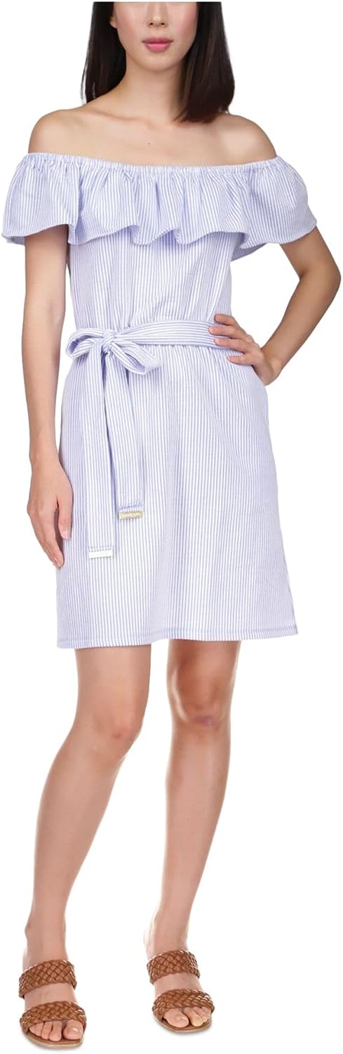 Michael Michael Kors Women's Ruffled Off-The-Shoulder Mini Dress (Size XL, Blue)