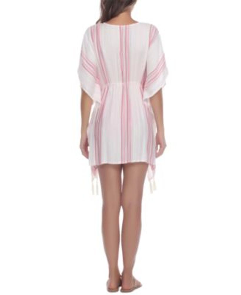 Raviya WHITE/PINK Striped Tassel Trim Cover-up Dress, US Size M